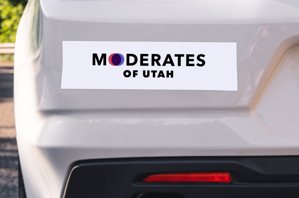 bumper sticker featuring the Moderates of Utah logo